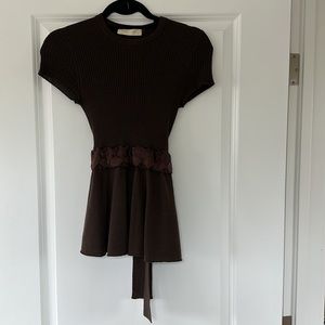 Valentino Chocolate Brown Short Sleeve Peplum Sweater, XS
